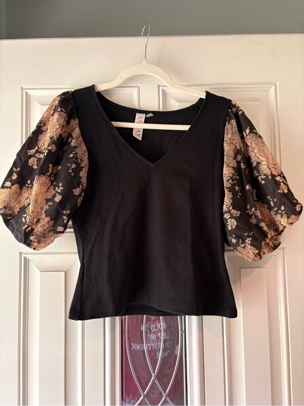 Dolon Black V-Neck Puff Sleeve Top with Floral Accent